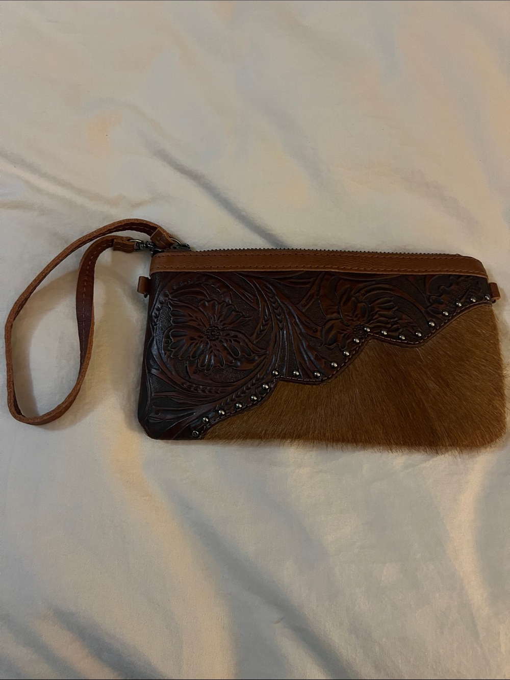 Brown Leather Tooled Wristlet Clutch with Haircalf; Like New Condition